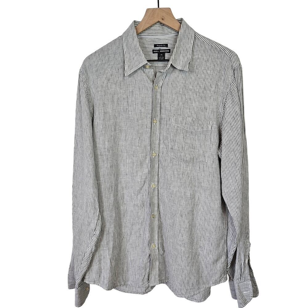 Club Monaco Linen Stripe Button Front Shirt‎ Men's L Black White